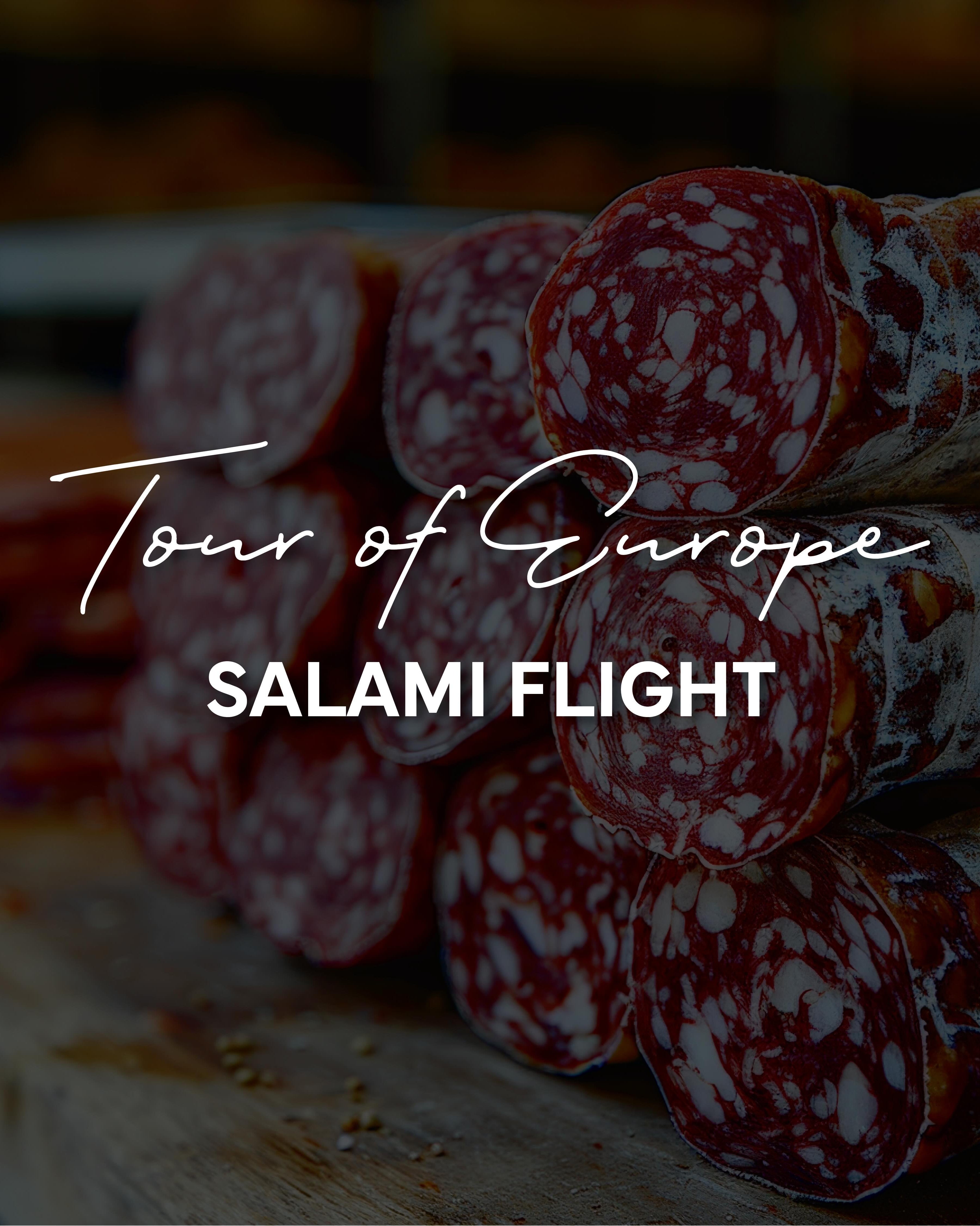 Sliced salami with text 'Tour of Europe Salami Flight' on a wooden board.