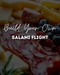 Assorted meats, cheeses, and fruits with text 'Build Your Own Salami Flight' on a dark background.